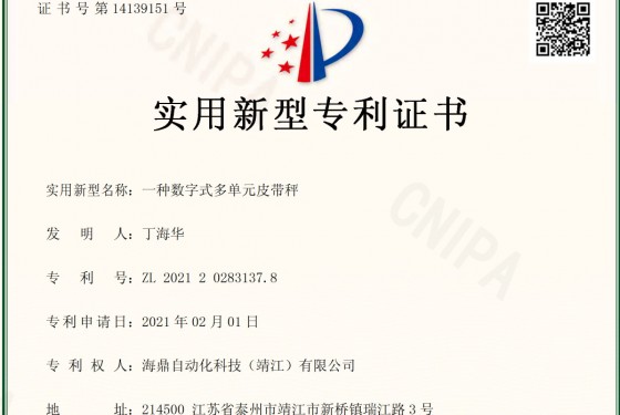 一种数字式多单元皮带秤实用新型专利证书